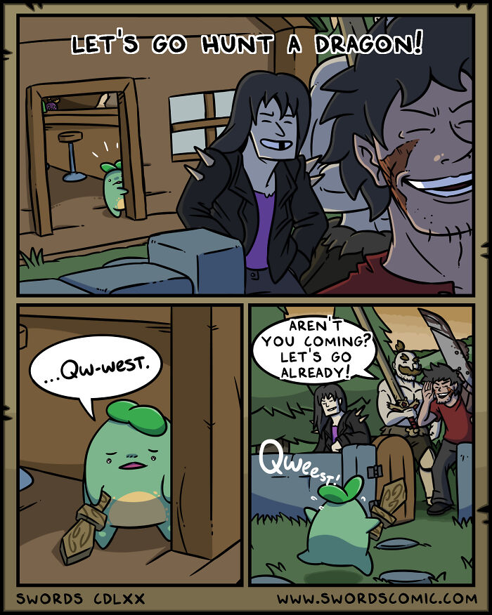 Comic panel from a fantasy world where characters prepare to hunt a dragon, highlighting swords as their weapon of choice.