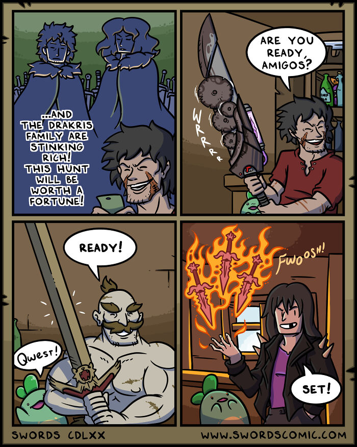 Comic panels from a fantasy world where everyone’s weapon of choice is a sword, featuring characters preparing for battle.