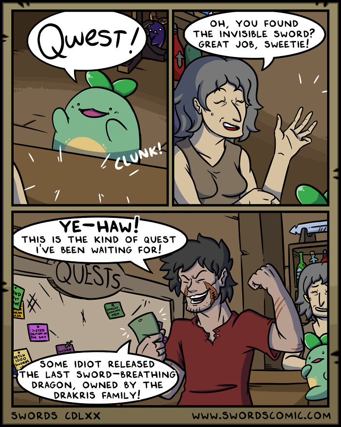 Comic panel of characters discussing a quest involving a sword-breathing dragon in a fantasy world centered on swords.