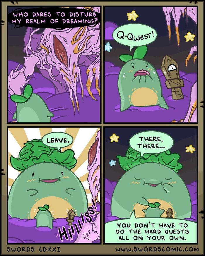 Comic panel from a fantasy world where characters face a creature, highlighting swords as their weapon of choice.