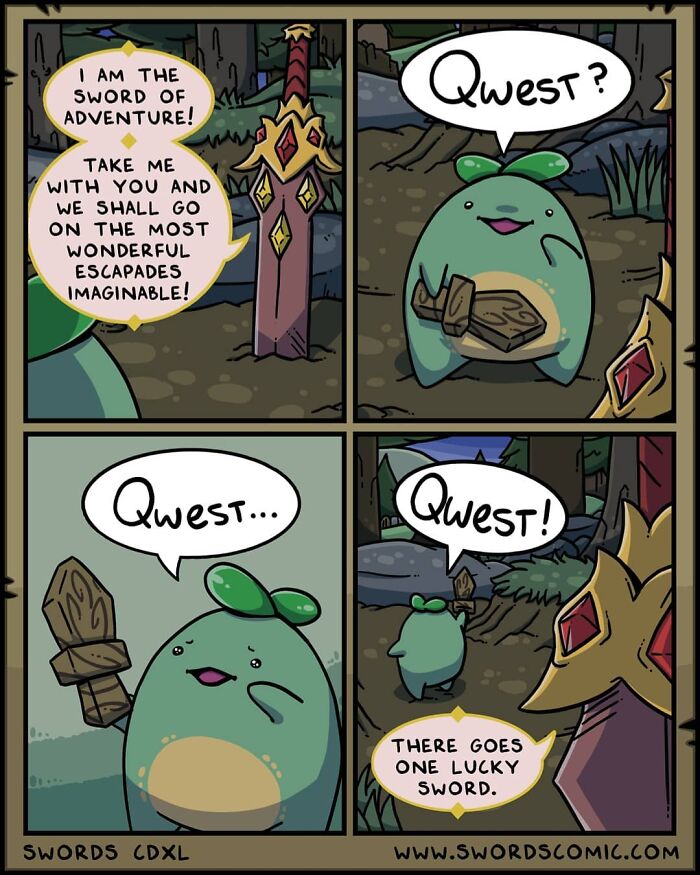 A comic panel featuring a fantasy world where swords are the weapon of choice in a whimsical quest scene.