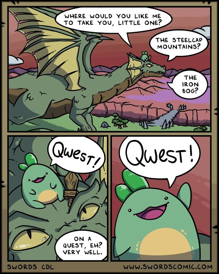 Fantasy world comic with a dragon and a creature discussing a quest, featuring swords as weapons of choice.