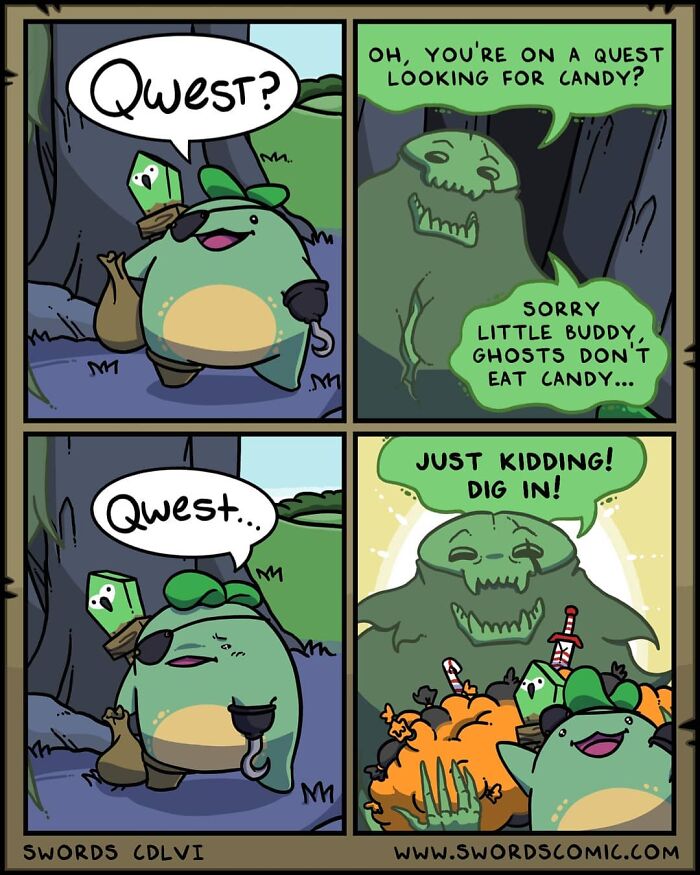 Comic strip from a fantasy world where characters on a quest encounter a ghost and a pile of candy with swords.