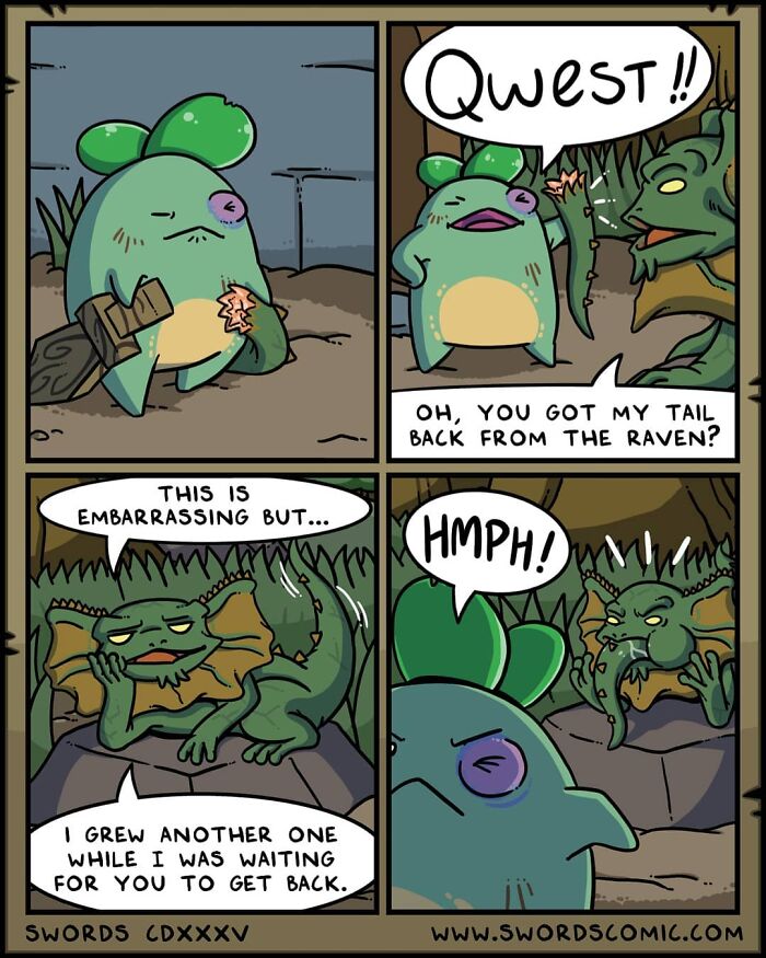 Fantasy comic scene featuring characters with swords, highlighting a humorous moment about a missing tail and new growth.