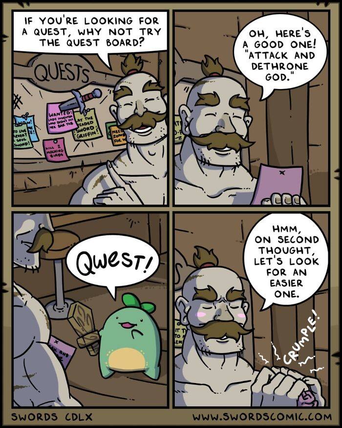 A fantasy world comic scene featuring characters discussing quests and swords as their weapon of choice.