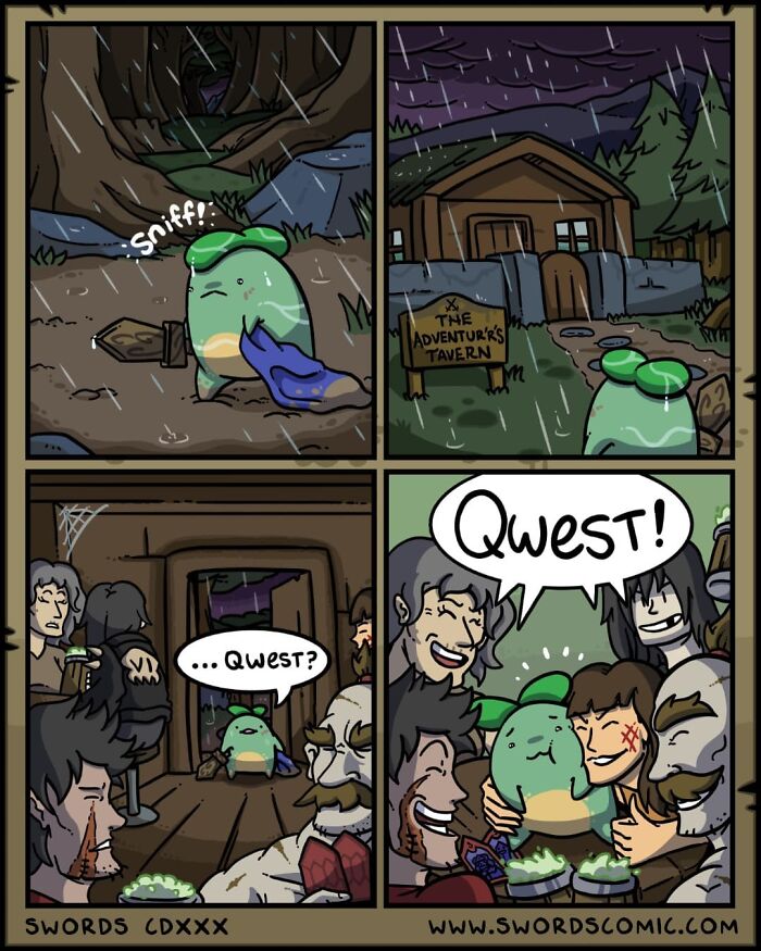 Comic panels showing a fantasy world character seeking a quest in a tavern, emphasizing swords as the main weapon choice.