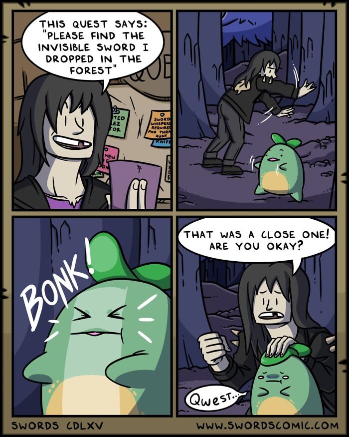 Comic panel from a fantasy world where every character’s weapon of choice is a sword, featuring a quest to find an invisible sword.
