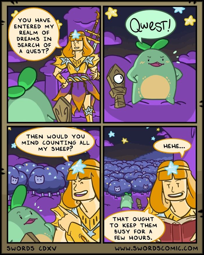 Comic panel from a fantasy world where characters prepare for a quest, featuring swords as their weapon of choice.