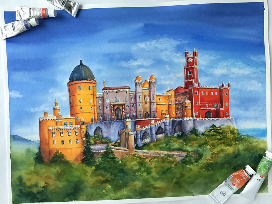 I Create 12 Watercolor Landscapes With Castles Within A Year
