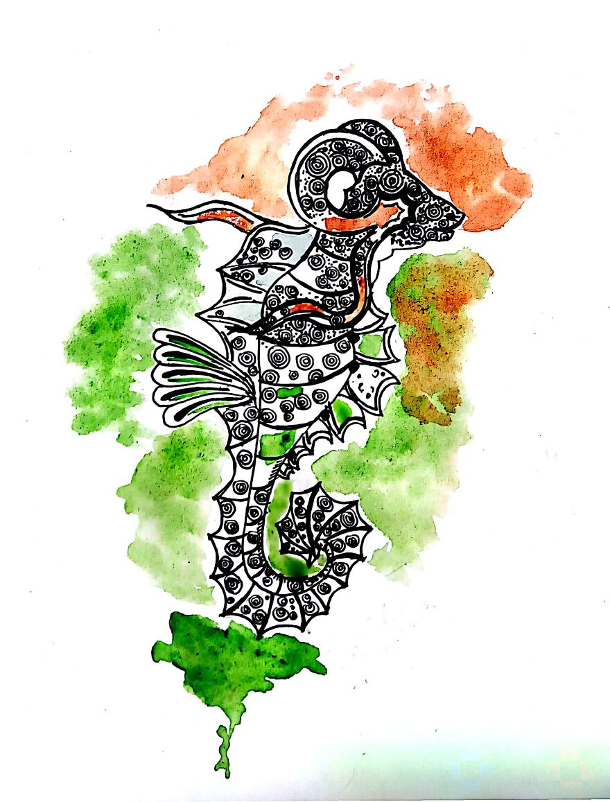 ####imaginative Play Of Terrestrial & Aquatic Life Form - Created Through Water Colour & Black Pen