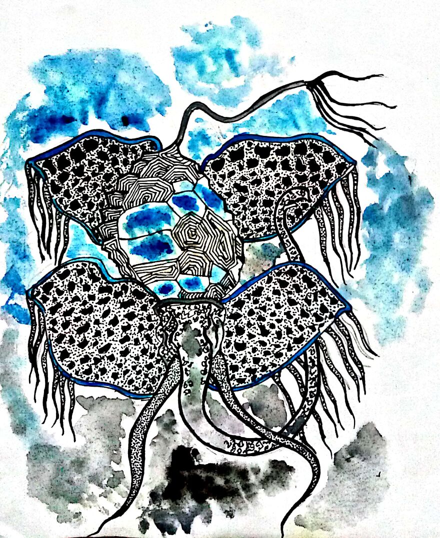 ####imaginative Play Of Terrestrial & Aquatic Life Form - Created Through Water Colour & Black Pen