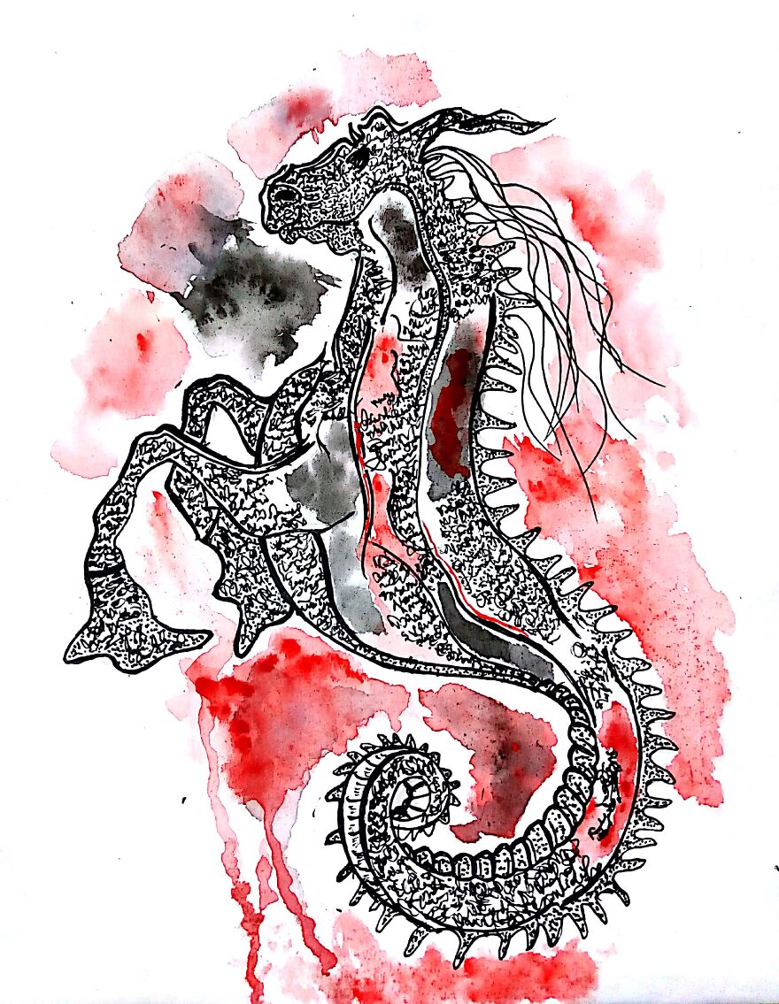 ####imaginative Play Of Terrestrial & Aquatic Life Form - Created Through Water Colour & Black Pen