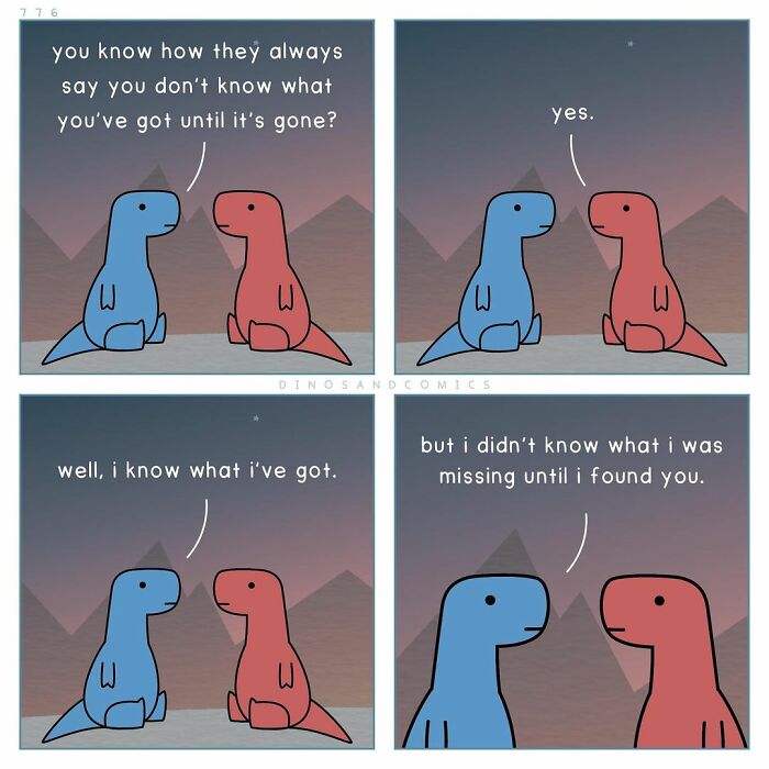 Two self-aware dinosaurs have a heartfelt conversation about love and mental health in a funny comic strip.