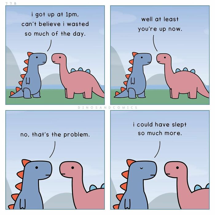 Two self-aware dinosaurs in a comic discussing wasted time and mental health in a simple outdoor setting.