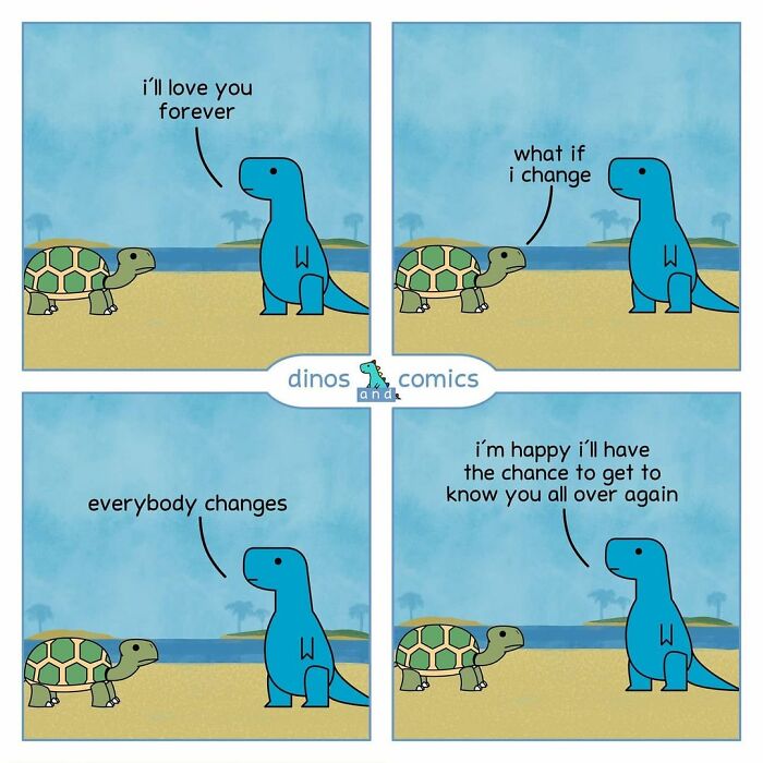 Comic strip featuring funny dinosaurs showing self-awareness and mental health themes in a simple colorful outdoor scene.