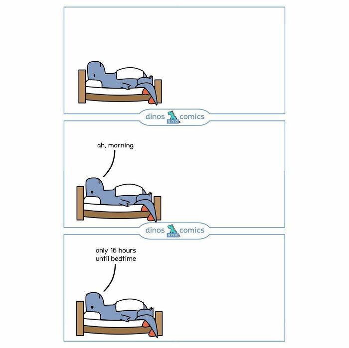 Comic featuring a self-aware dinosaur in bed humorously reflecting on mental health and the long day ahead.