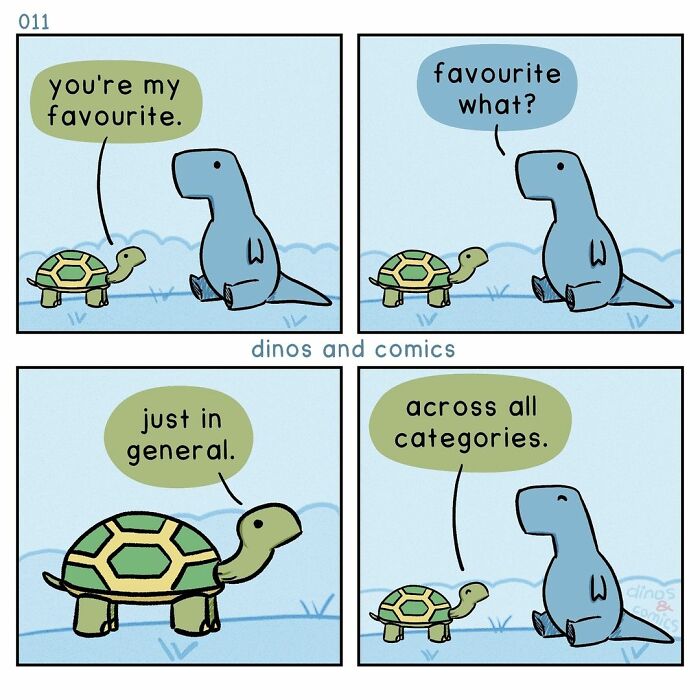 Comic strip featuring a self-aware dinosaur and turtle discussing their favorite, highlighting dinosaurs and mental health humor.