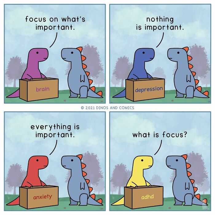 Four-panel comic featuring self-aware dinosaurs discussing mental health issues like depression, anxiety, and ADHD with humor.