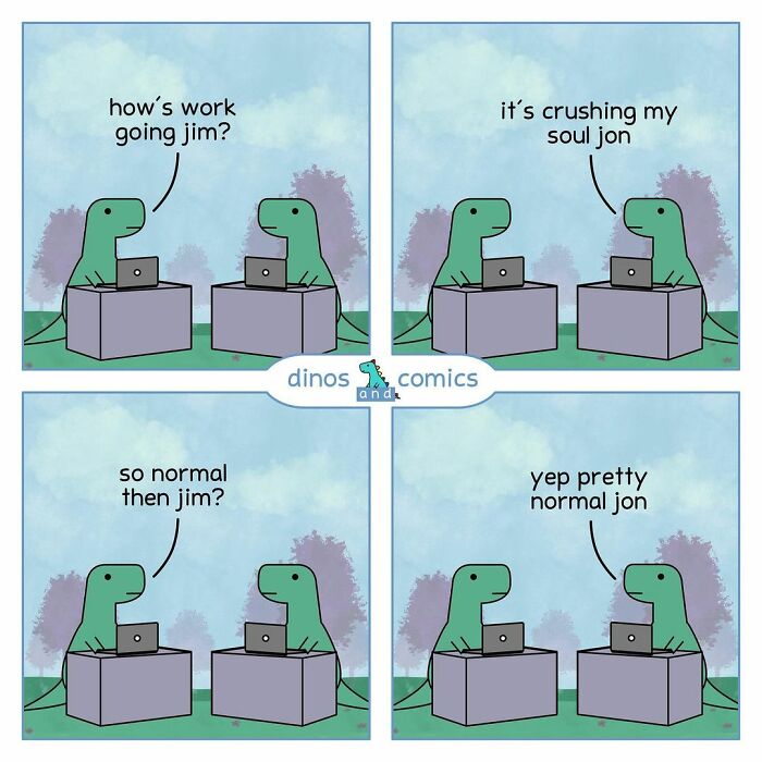 Two self-aware dinosaurs share a funny comic conversation about mental health while working on laptops outdoors.