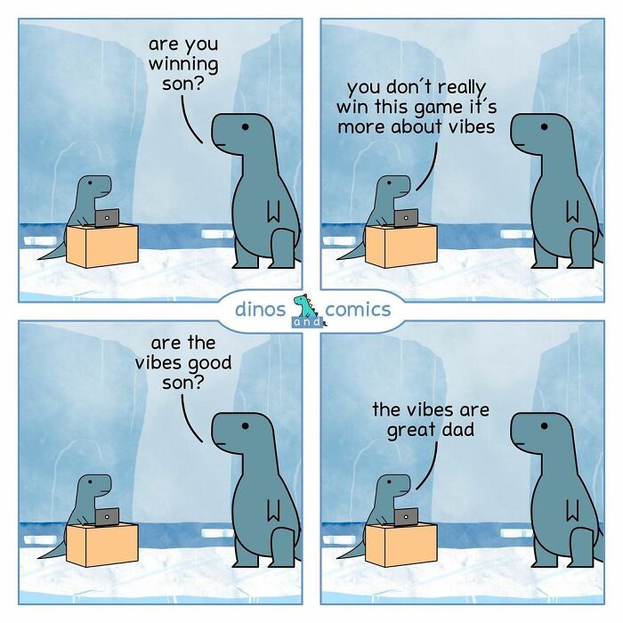 Two self-aware dinosaurs having a funny conversation about vibes and mental health in a four-panel comic strip.