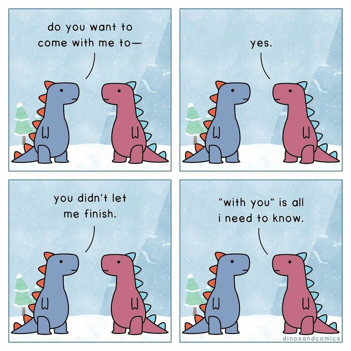 Two self-aware dinosaurs having a heartfelt conversation in a snowy setting, highlighting mental health and connection.
