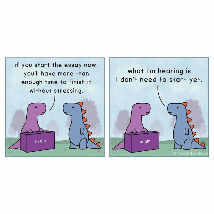 Two self-aware dinosaurs discussing mental health as one advises starting an essay early to avoid stress in a comic strip.