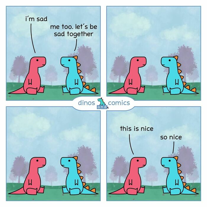 Two self-aware dinosaurs sitting in a park discussing their feelings in a funny comics about dinosaur mental health.