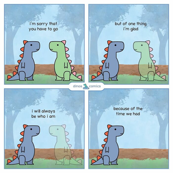 Comic panels featuring self-aware dinosaurs discussing mental health and friendship in a funny and heartfelt way.