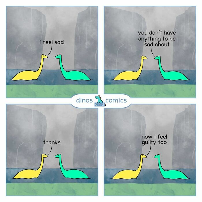 Two colorful self-aware dinosaurs in a funny comic strip about mental health and emotions.