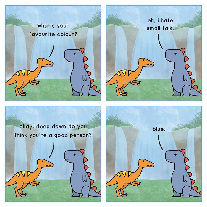 Two self-aware dinosaurs having a comic conversation about mental health against a waterfall background.