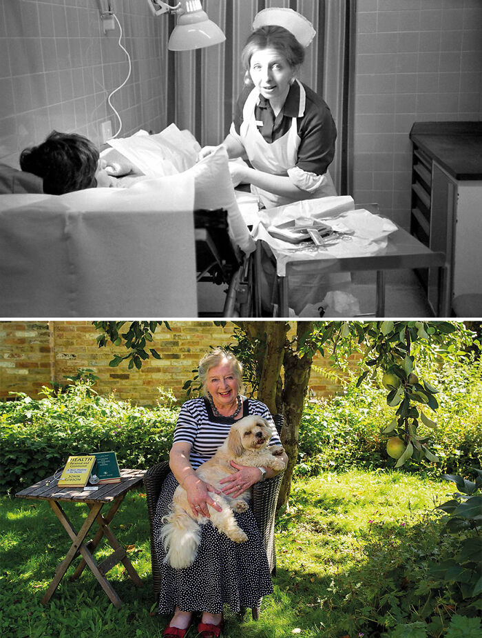 Photographer recreates photos decades later, showing a nurse with patient in black and white and a woman with dog outdoors.