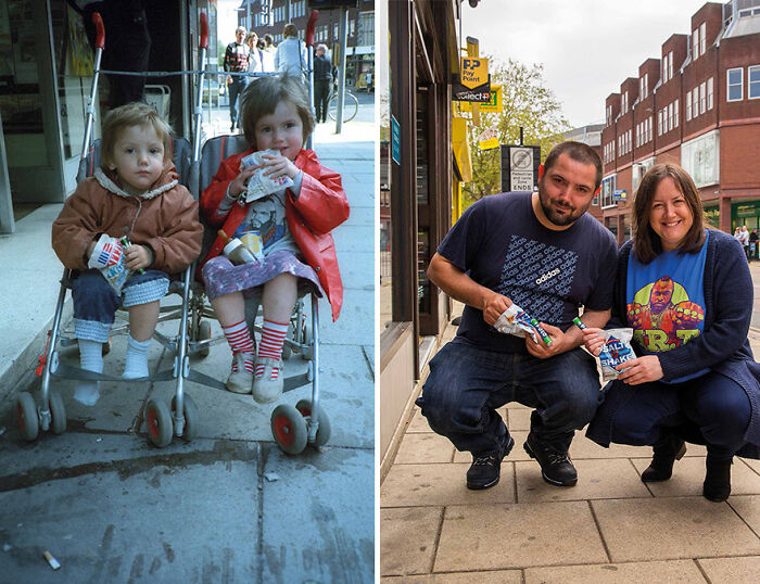 Side-by-side photos of two people recreated decades later by photographer who tracked down his film subjects.