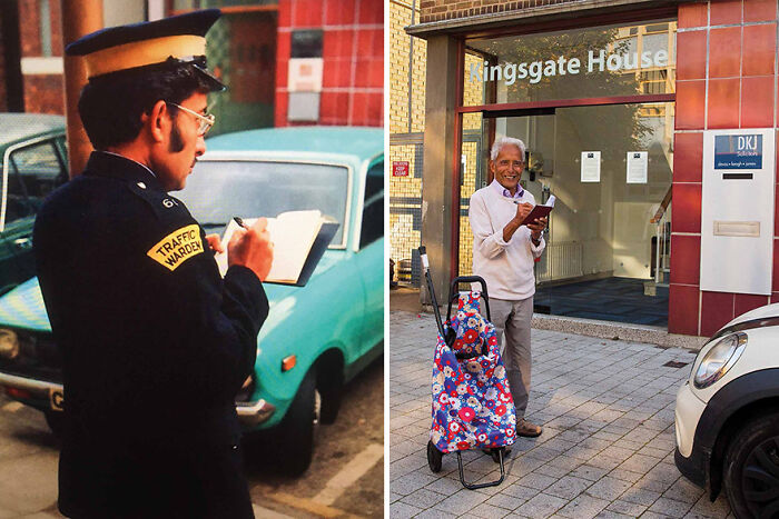 Side-by-side photo recreation showing a traffic warden from 40 years ago and the same man holding a notebook today.