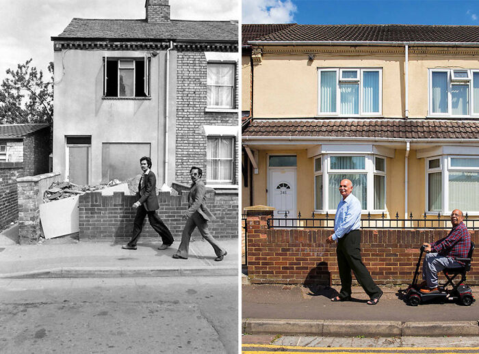 Side-by-side photos showing two men recreated by a photographer decades later on the same street.