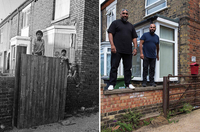 Side-by-side photos of two men recreating an old photo in front of the same brick house years later by photographer.