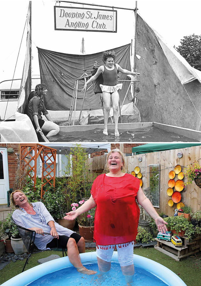Side-by-side old and recent photos showing a woman recreated in a small pool for a photographer's recreation project.