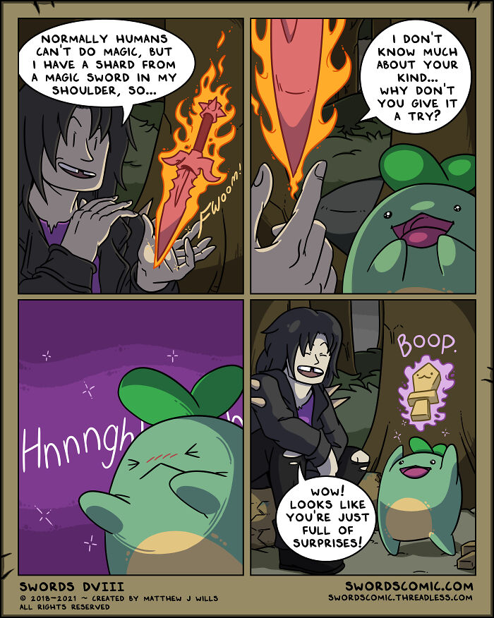 Fantasy comic scene featuring characters using magical swords as their weapon of choice in a vivid sword-based world.