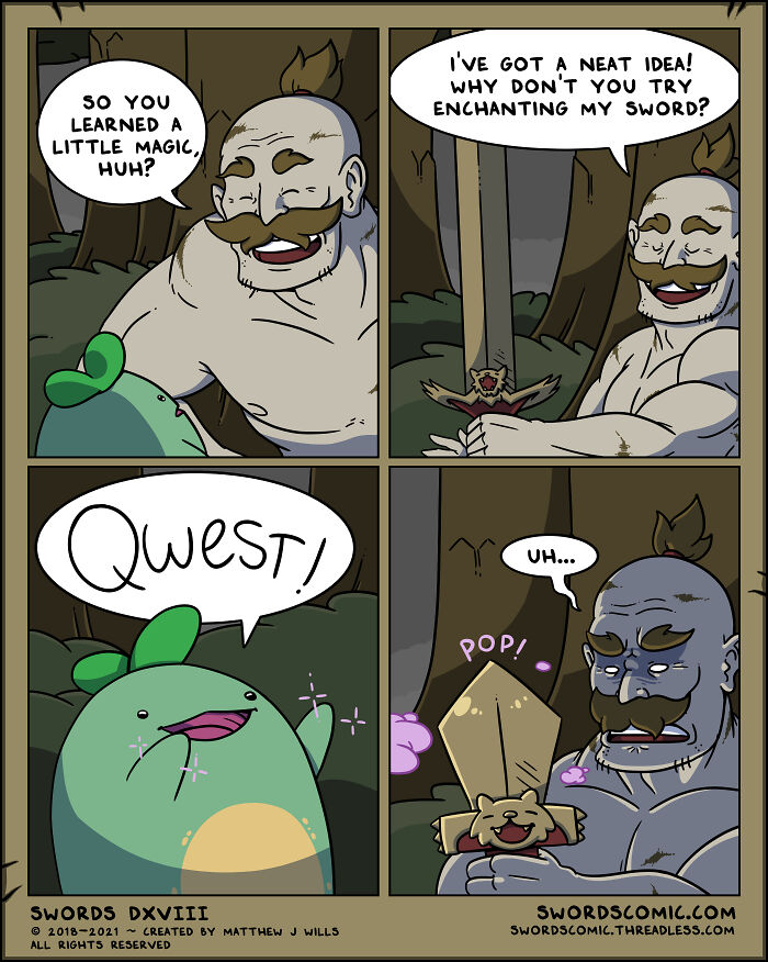 Comic panels from a fantasy world where swords are the main weapon, showing a character trying to enchant a sword.