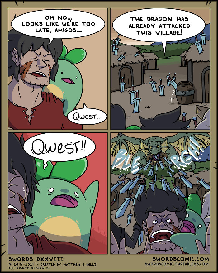 Fantasy comic scene with characters and a dragon in a village where swords are the weapon of choice.