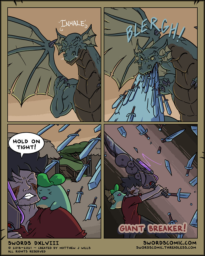 Comic panels showing a fantasy world where characters and creatures use swords as their weapon of choice.
