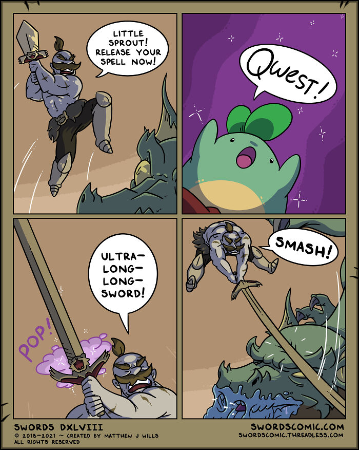 Comic panels from a fantasy world where characters use swords as their main weapon in a whimsical battle scene.