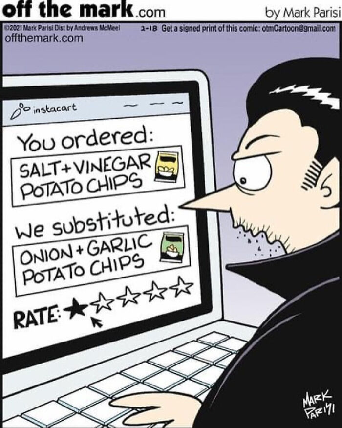 Cartoon of a man rating onion and garlic chips after ordering salt and vinegar, funny comics by a legendary cartoonist.