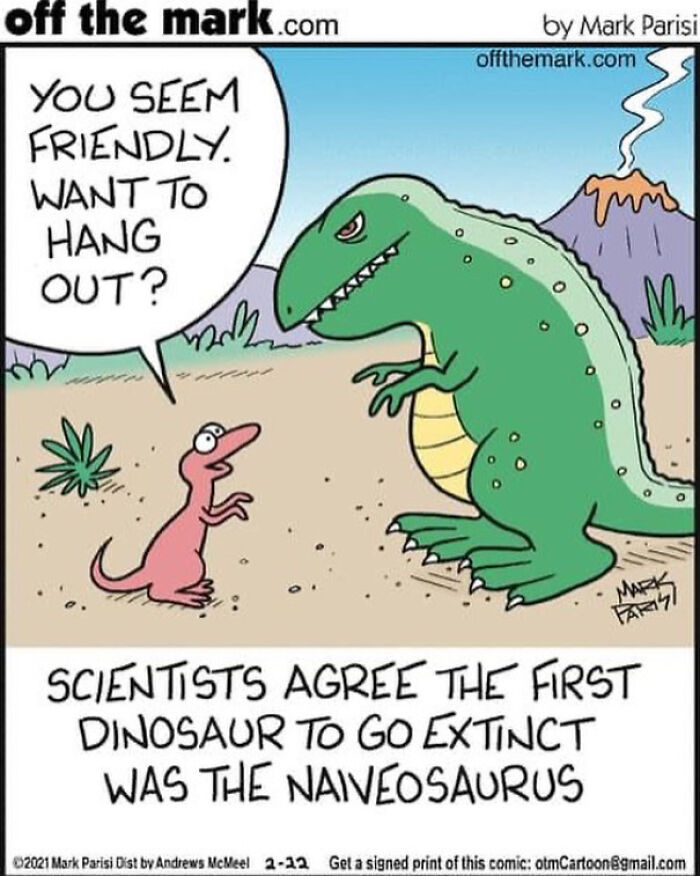 Cartoon depicting funny comics by a legendary cartoonist with dinosaurs and humorous dialogue about extinction.