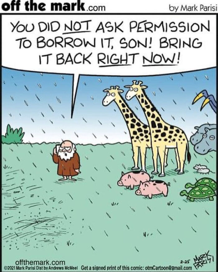 Cartoonist Mark Parisi’s funny comic depicts animals and a man in a humorous scene that might make you smile.