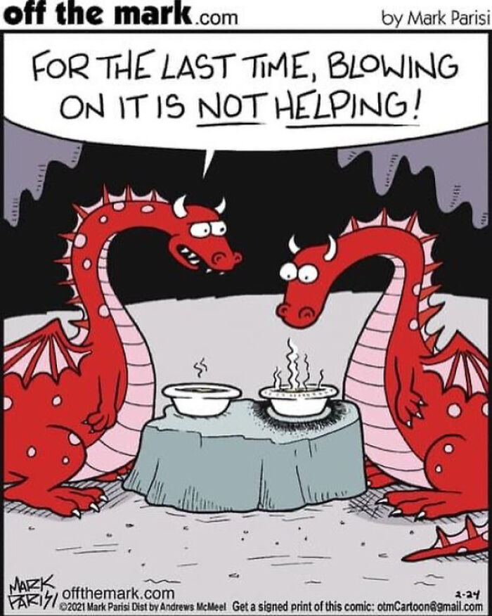 Two red dragons at a table with hot food, a funny comic by a legendary cartoonist to make you smile