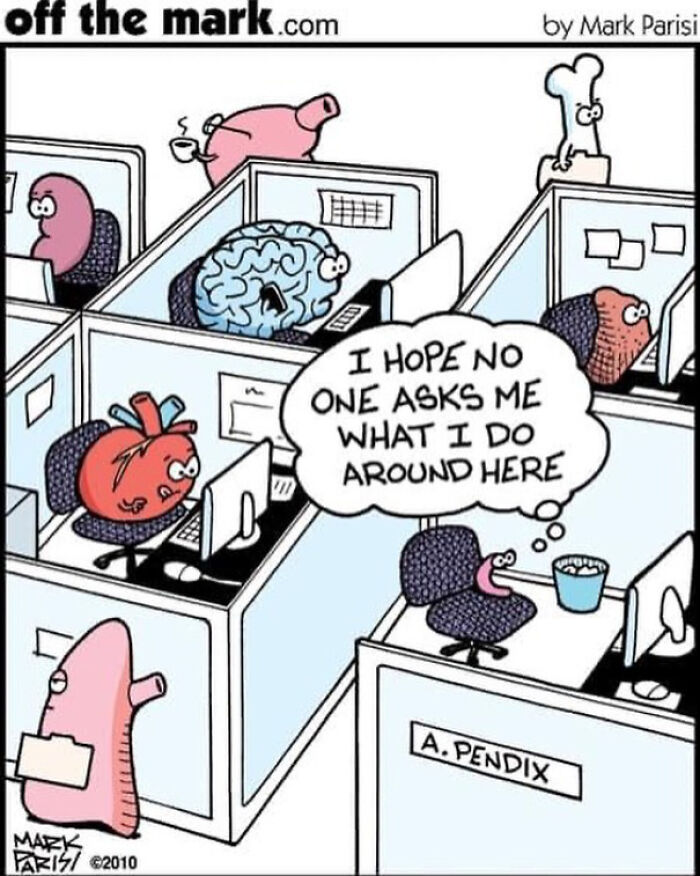 Comic by Mark Parisi showing funny office cubicles with cartoon organs working at computers, a funny comic to make you smile.