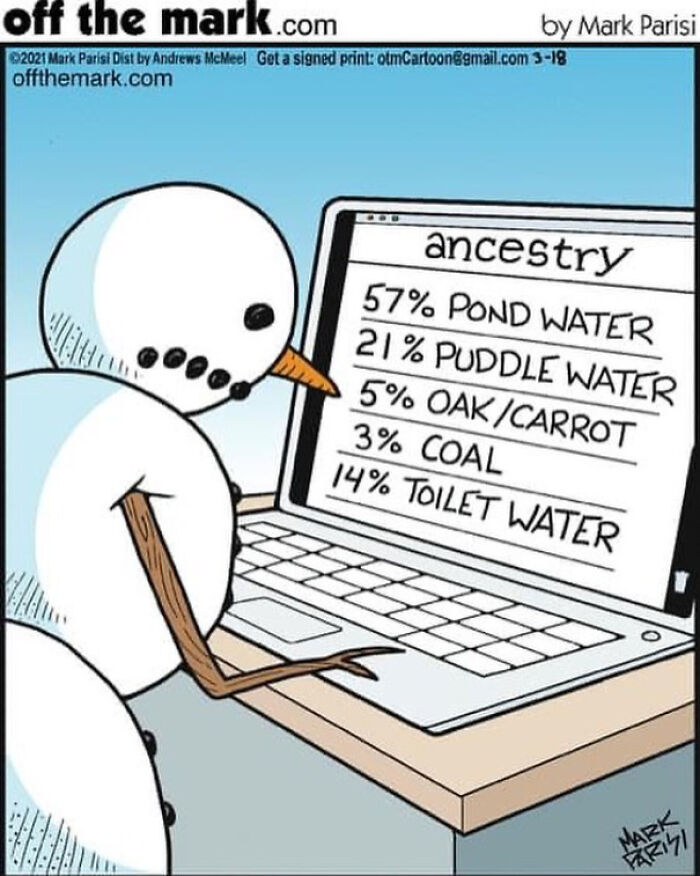 Snowman looking at a laptop screen showing funny ancestry results in a new comic by a legendary cartoonist.