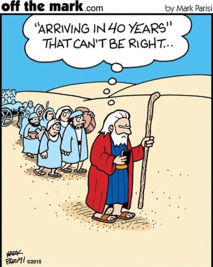 Funny comic by legendary cartoonist shows a man puzzled by a 40-year arrival time while waiting with a group in desert.