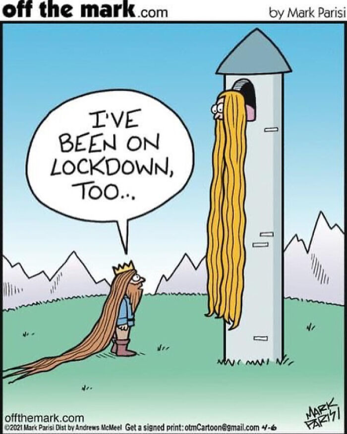 Cartoon showing two characters with extremely long hair humorously referencing lockdown in a funny comic by a legendary cartoonist.