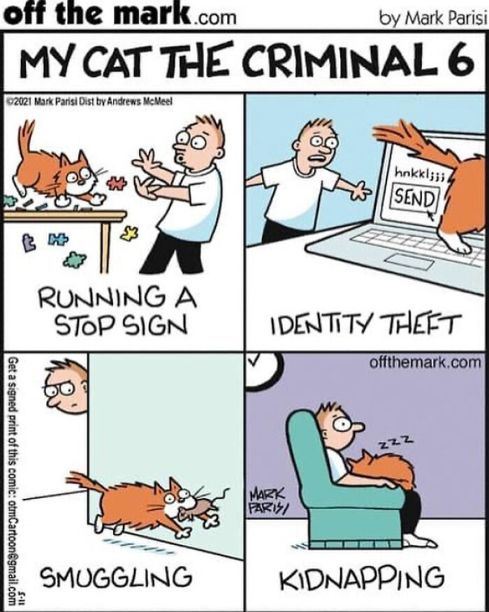 Funny comics by a legendary cartoonist showing a mischievous cat causing chaos and making people smile.
